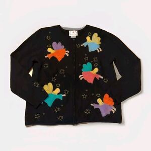 Quacker Factory Sweater Womens Large Wool Black Beaded Appliqué Angels Zip